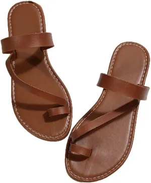 Women Toe Ring Leather Sandals Irregular Flat Non-Slip Solid Slipper Summer Rubber Sole Sandal Casual Comfy Flip Flop