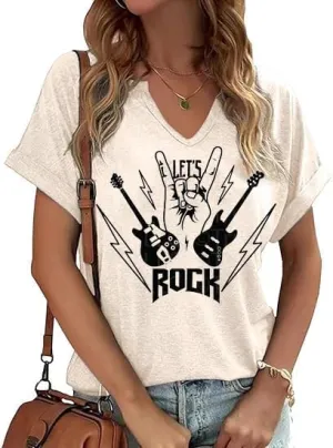 Women Vintage V Neck Shirts Rock and Roll Music Guitar Graphic T Shirt Country Music Tops Teacher Tee