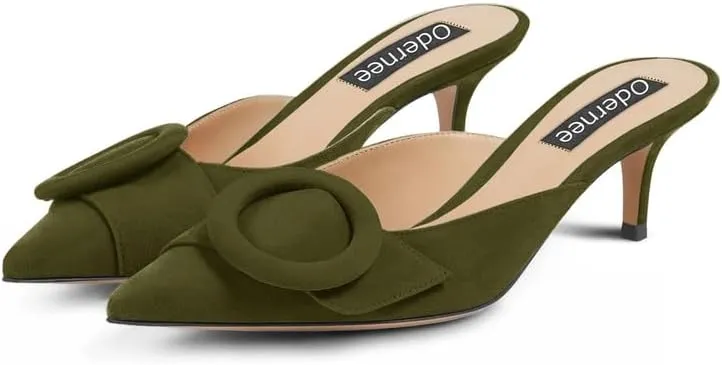Women's 2 Inch Pointed Toe Round Buckle Suede Kitten Low Heel Mules Slip On Backless Slides Loafer Shoes
