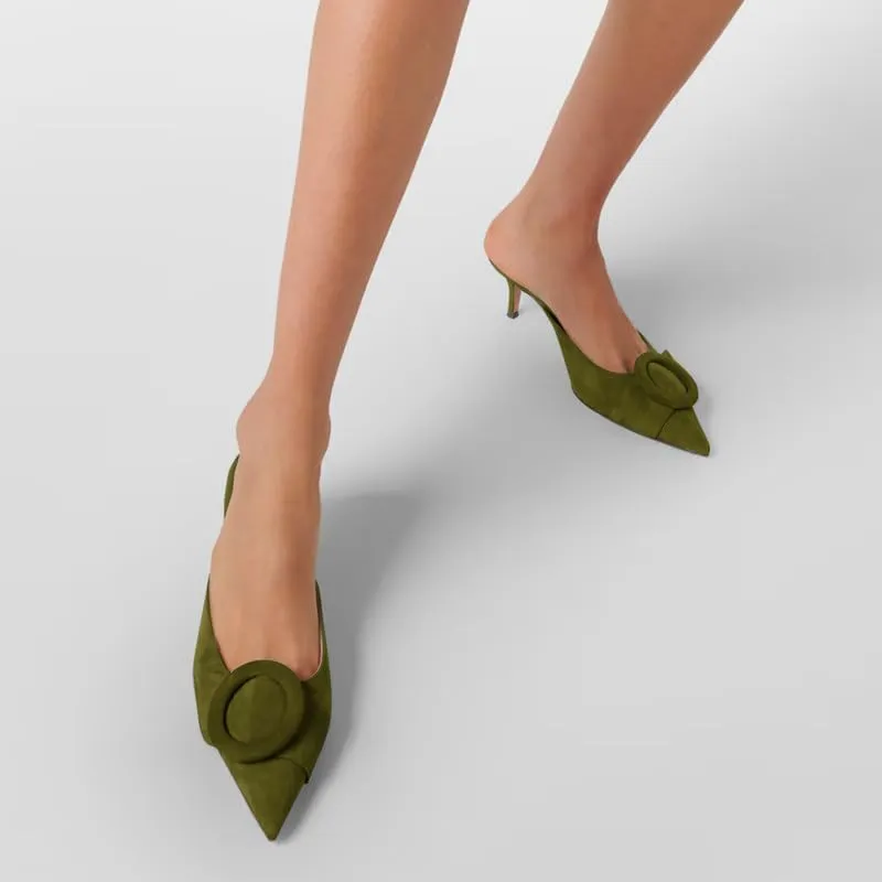 Women's 2 Inch Pointed Toe Round Buckle Suede Kitten Low Heel Mules Slip On Backless Slides Loafer Shoes