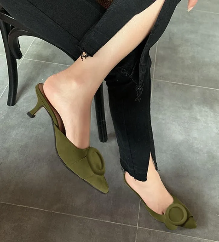 Women's 2 Inch Pointed Toe Round Buckle Suede Kitten Low Heel Mules Slip On Backless Slides Loafer Shoes