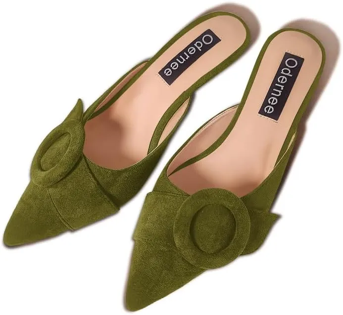 Women's 2 Inch Pointed Toe Round Buckle Suede Kitten Low Heel Mules Slip On Backless Slides Loafer Shoes