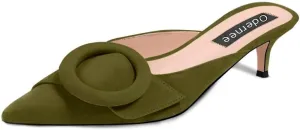 Women's 2 Inch Pointed Toe Round Buckle Suede Kitten Low Heel Mules Slip On Backless Slides Loafer Shoes