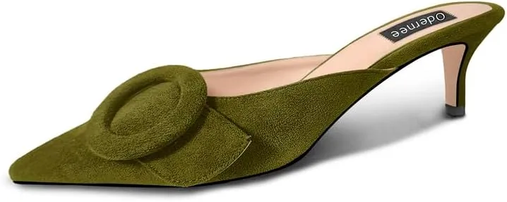 Women's 2 Inch Pointed Toe Round Buckle Suede Kitten Low Heel Mules Slip On Backless Slides Loafer Shoes
