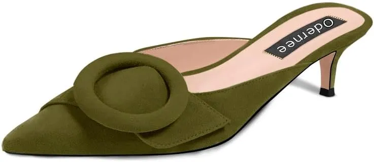 Women's 2 Inch Pointed Toe Round Buckle Suede Kitten Low Heel Mules Slip On Backless Slides Loafer Shoes