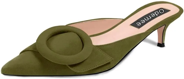 Women's 2 Inch Pointed Toe Round Buckle Suede Kitten Low Heel Mules Slip On Backless Slides Loafer Shoes