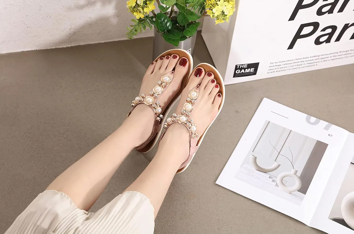 Womens Bohemian Glitter Summer Flat Sandals Prime Rhinestone T-Strap Pretend Pearls Thong Shoes