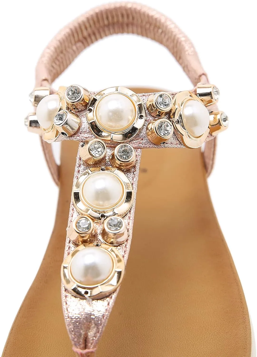 Womens Bohemian Glitter Summer Flat Sandals Prime Rhinestone T-Strap Pretend Pearls Thong Shoes