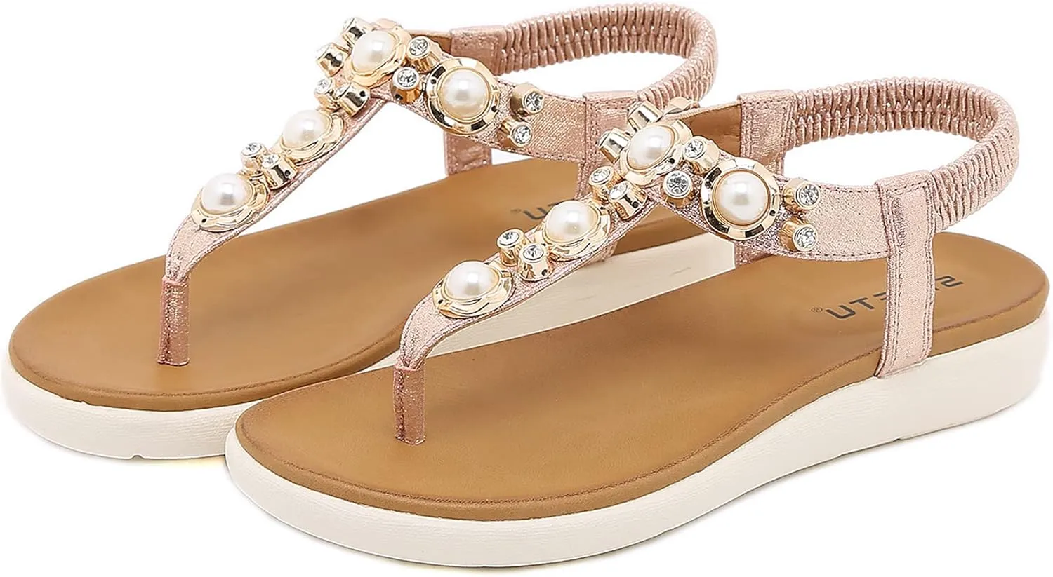 Womens Bohemian Glitter Summer Flat Sandals Prime Rhinestone T-Strap Pretend Pearls Thong Shoes