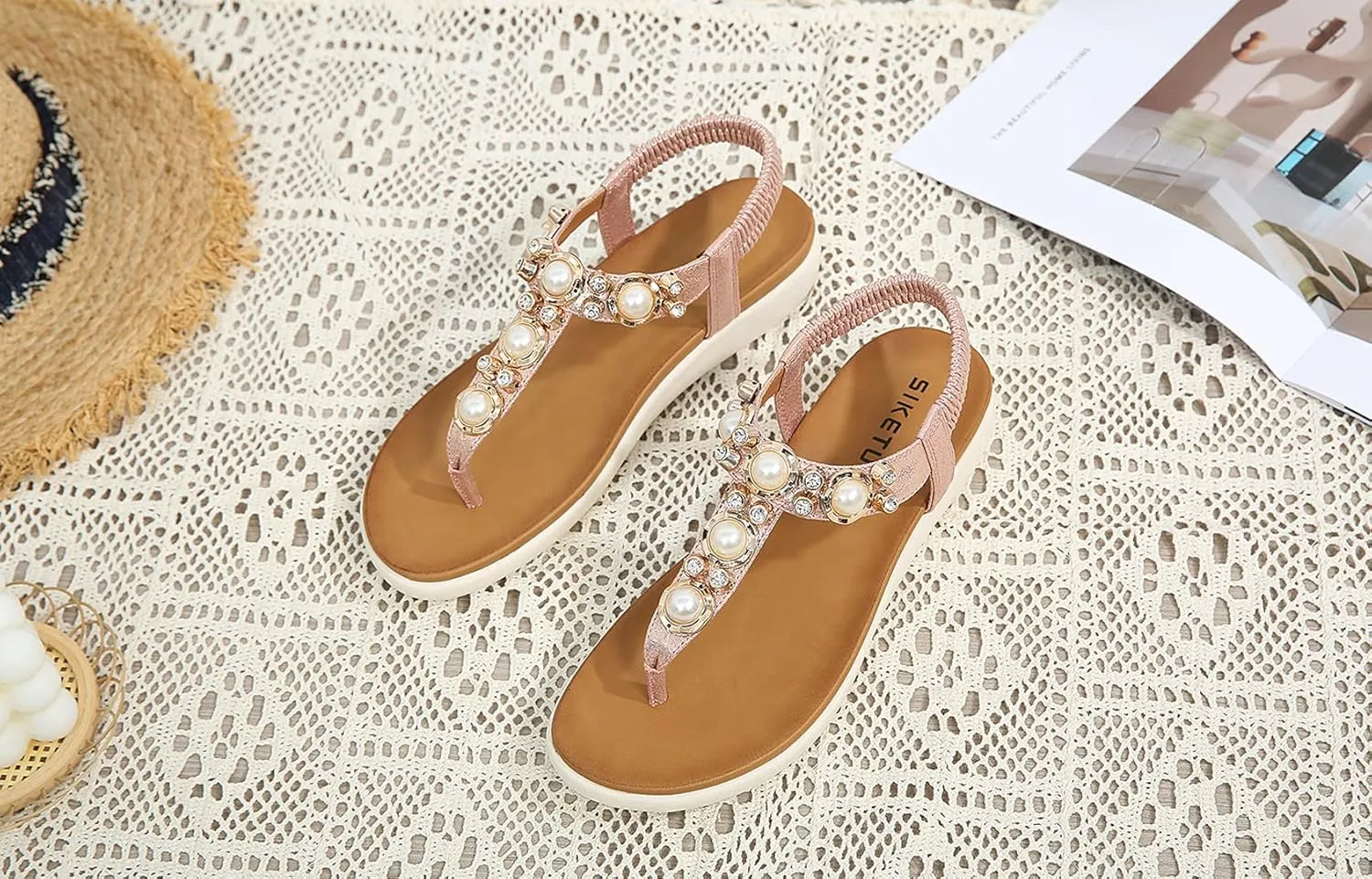 Womens Bohemian Glitter Summer Flat Sandals Prime Rhinestone T-Strap Pretend Pearls Thong Shoes