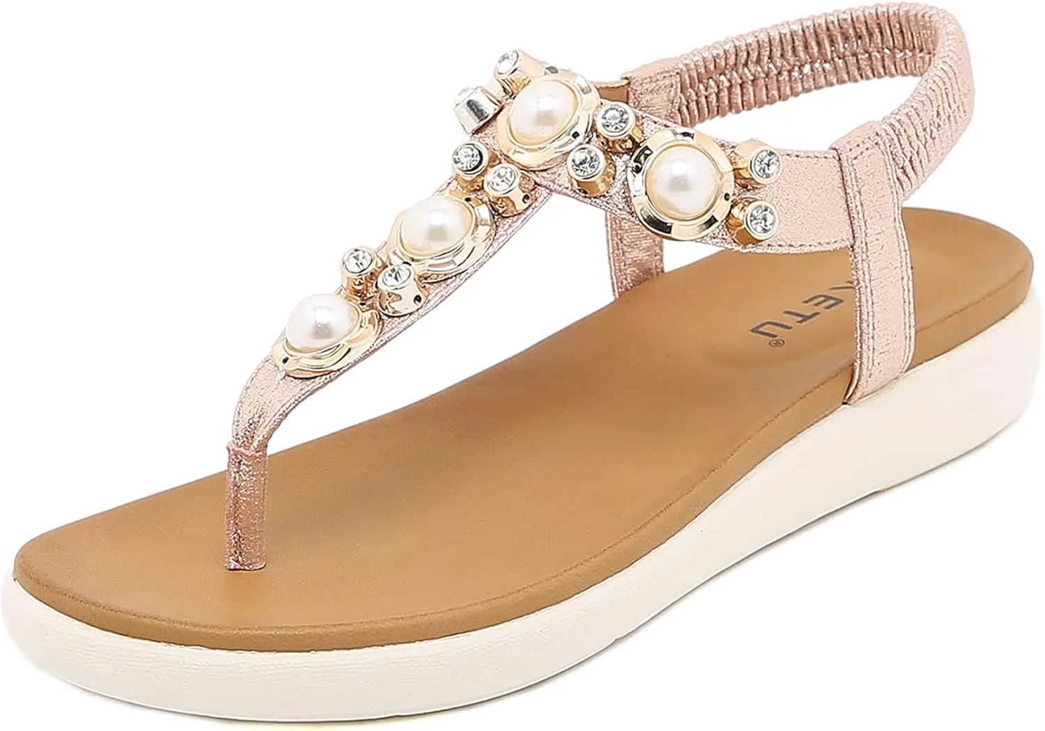 Womens Bohemian Glitter Summer Flat Sandals Prime Rhinestone T-Strap Pretend Pearls Thong Shoes