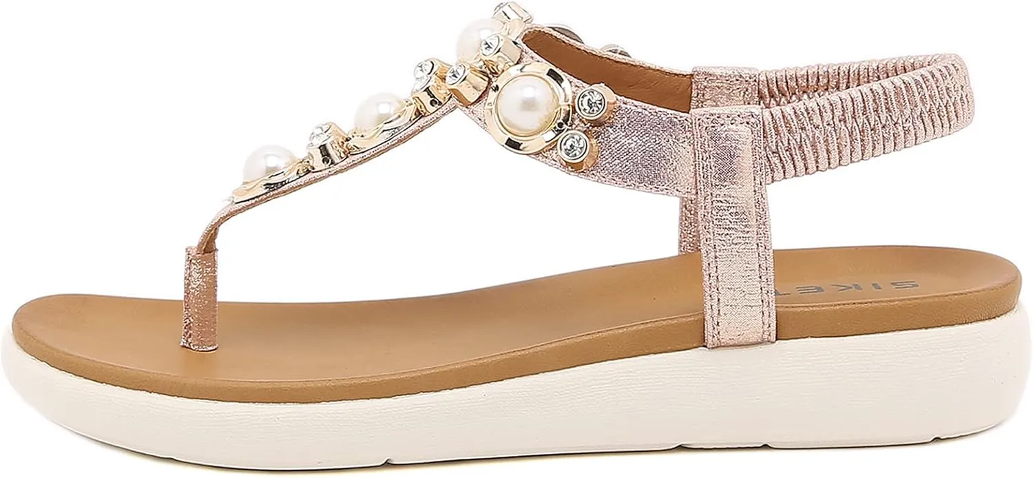 Womens Bohemian Glitter Summer Flat Sandals Prime Rhinestone T-Strap Pretend Pearls Thong Shoes