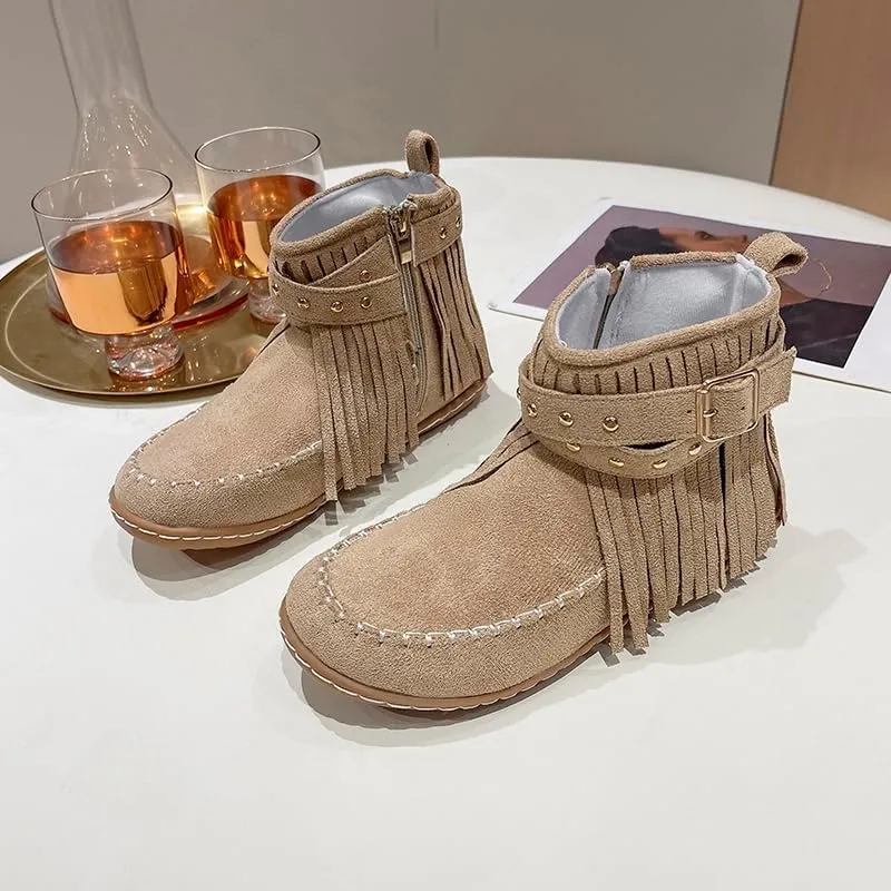 Women's Boots Casual Vintage Side Zipper Fringe Boots,Lightweight Comfy Suede High Top Round Toe Hippie Moccasin Short Booties
