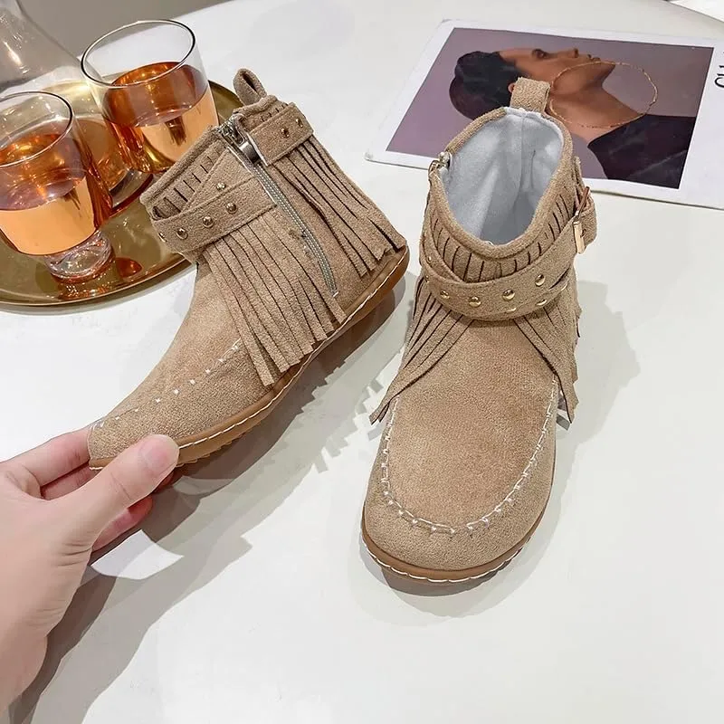 Women's Boots Casual Vintage Side Zipper Fringe Boots,Lightweight Comfy Suede High Top Round Toe Hippie Moccasin Short Booties