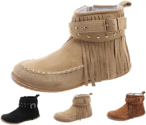 Women's Boots Casual Vintage Side Zipper Fringe Boots,Lightweight Comfy Suede High Top Round Toe Hippie Moccasin Short Booties
