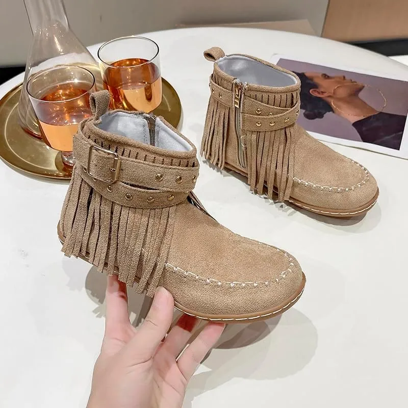Women's Boots Casual Vintage Side Zipper Fringe Boots,Lightweight Comfy Suede High Top Round Toe Hippie Moccasin Short Booties