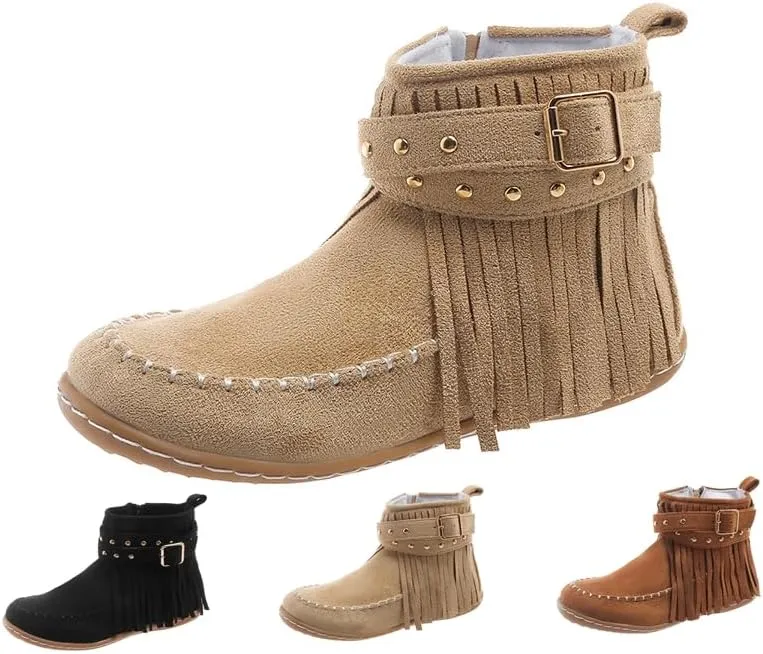Women's Boots Casual Vintage Side Zipper Fringe Boots,Lightweight Comfy Suede High Top Round Toe Hippie Moccasin Short Booties