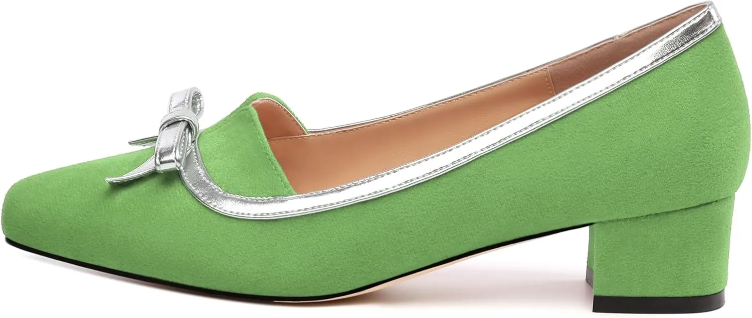 Women's Bowknot Low Chunky Block Heels Suede Square Closed Toe Slip On Pumps Evening Wedding Party Office Work Dress Shoes ﻿