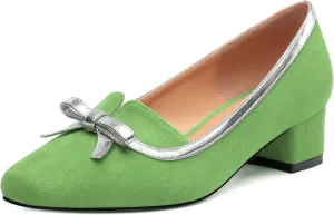 Women's Bowknot Low Chunky Block Heels Suede Square Closed Toe Slip On Pumps Evening Wedding Party Office Work Dress Shoes ﻿