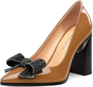Womens Chunky Block High Heels Patent Closed Pointed Toe Bow Pumps Slip on Heels Wedding Party Dress Shoes 3.5IN
