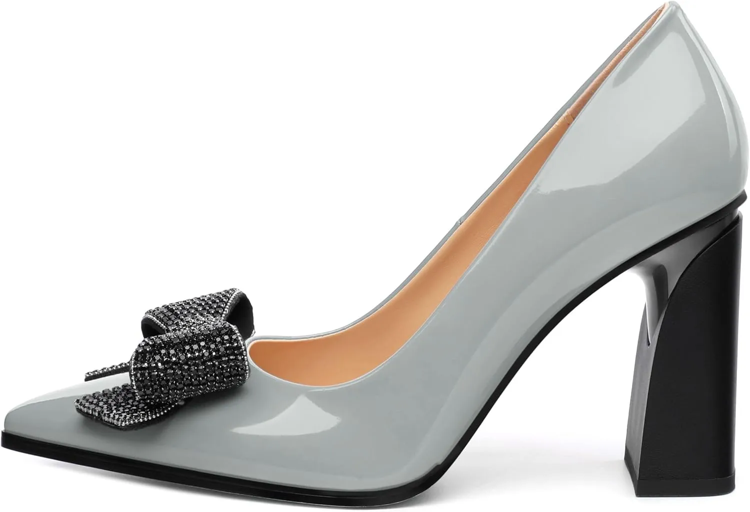 Womens Chunky Block High Heels Patent Closed Pointed Toe Bow Pumps Slip on Heels Wedding Party Dress Shoes 3.5IN