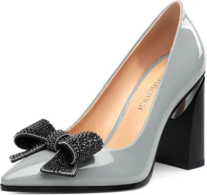 Womens Chunky Block High Heels Patent Closed Pointed Toe Bow Pumps Slip on Heels Wedding Party Dress Shoes 3.5IN