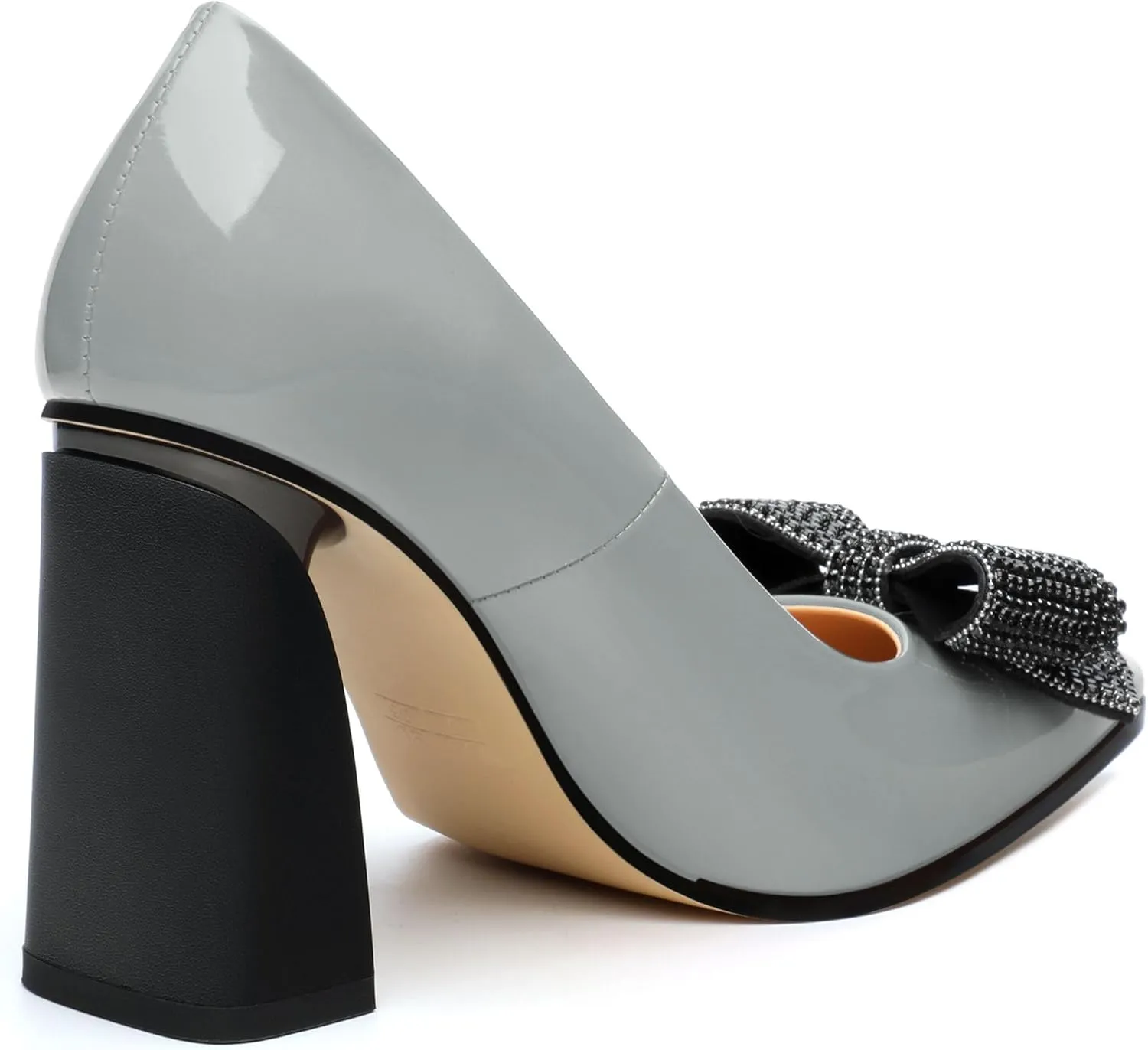 Womens Chunky Block High Heels Patent Closed Pointed Toe Bow Pumps Slip on Heels Wedding Party Dress Shoes 3.5IN