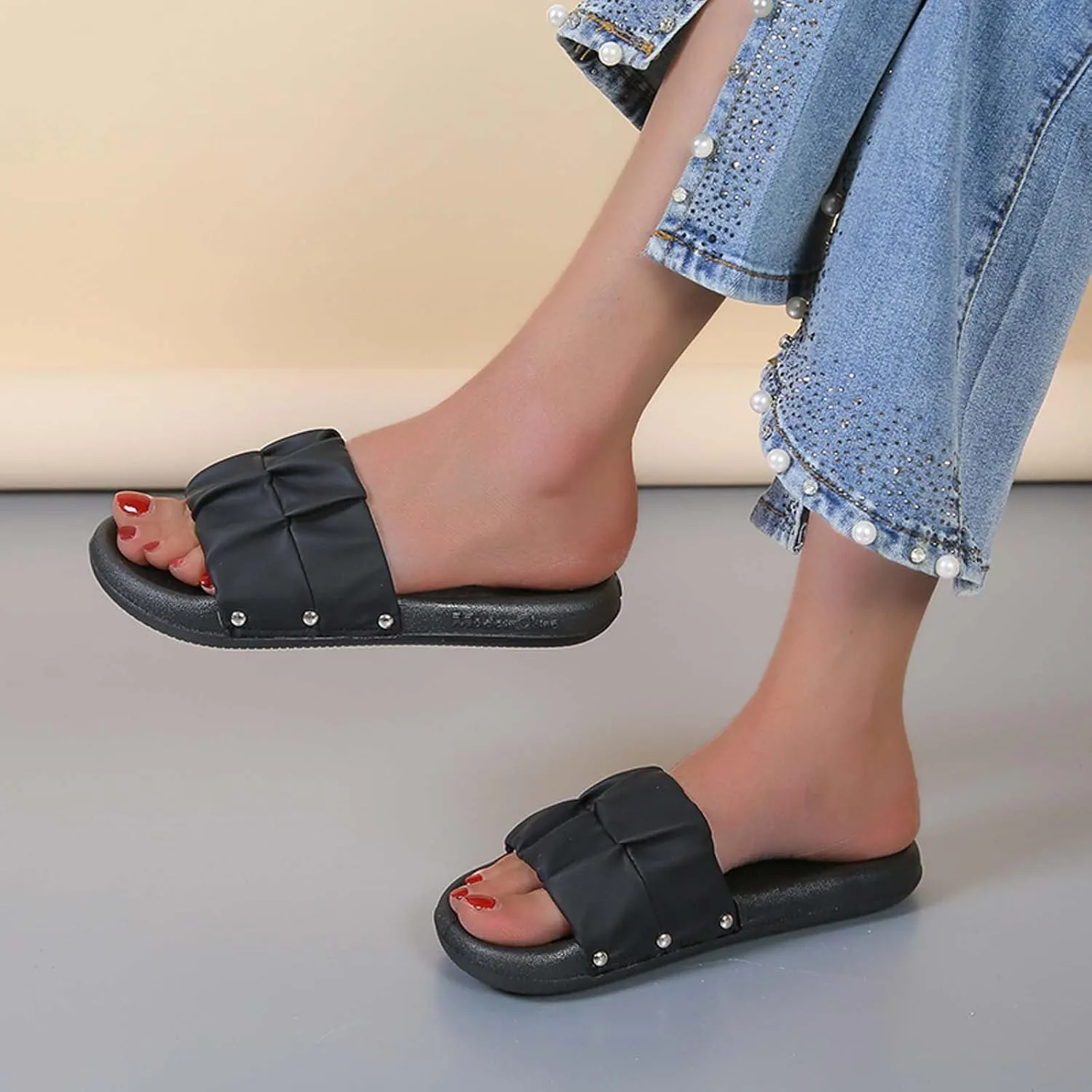 Women's Colorblock Ruched Flat Slipper Soft Anti-Slip Summer Sandals Casual Lounge SPA Slide Comfy Walking Sandal