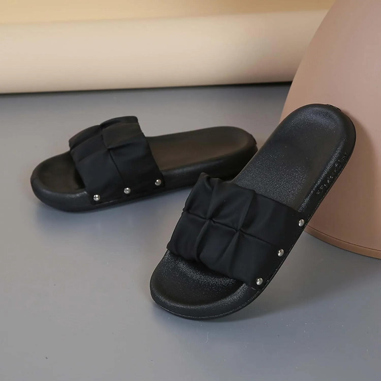 Women's Colorblock Ruched Flat Slipper Soft Anti-Slip Summer Sandals Casual Lounge SPA Slide Comfy Walking Sandal