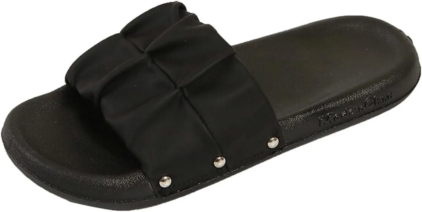 Women's Colorblock Ruched Flat Slipper Soft Anti-Slip Summer Sandals Casual Lounge SPA Slide Comfy Walking Sandal