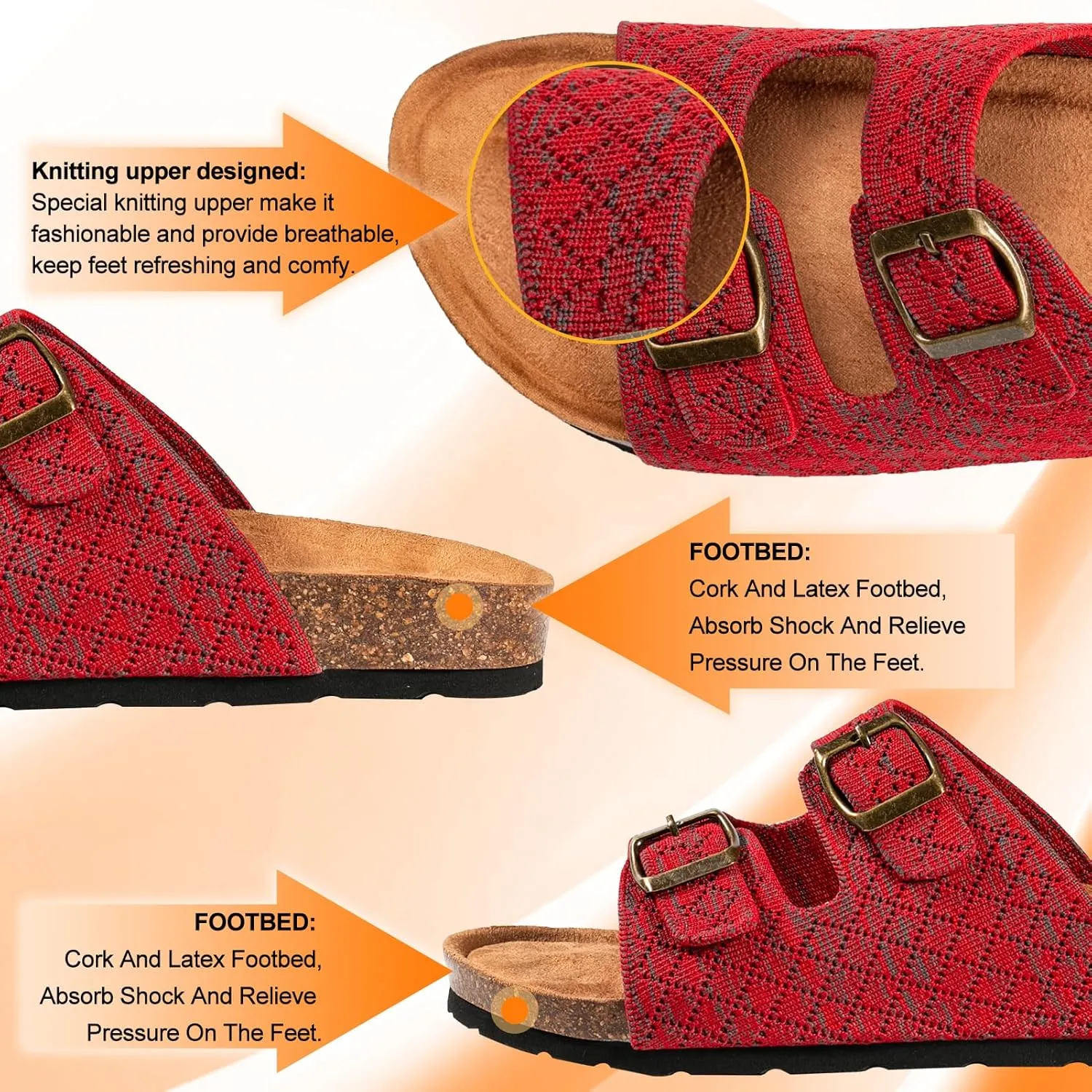 Women's Comfy Arch Support Cork Footbed Adjustable Knitting Straps Indoor and Outdoor Slides Sandals