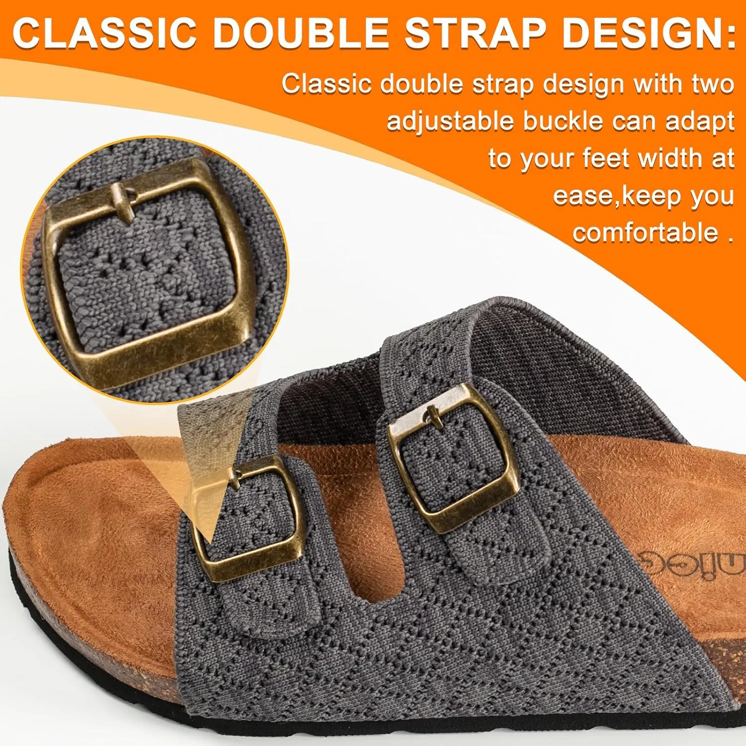 Women's Comfy Arch Support Cork Footbed Adjustable Knitting Straps Indoor and Outdoor Slides Sandals