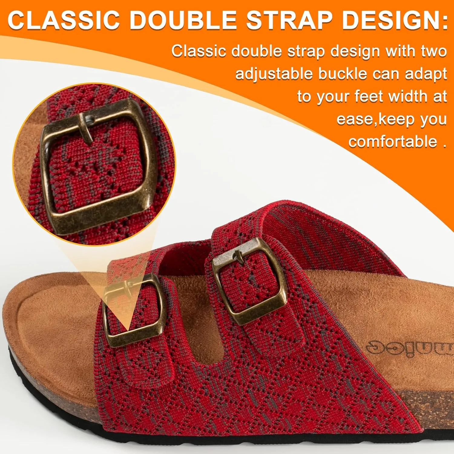 Women's Comfy Arch Support Cork Footbed Adjustable Knitting Straps Indoor and Outdoor Slides Sandals