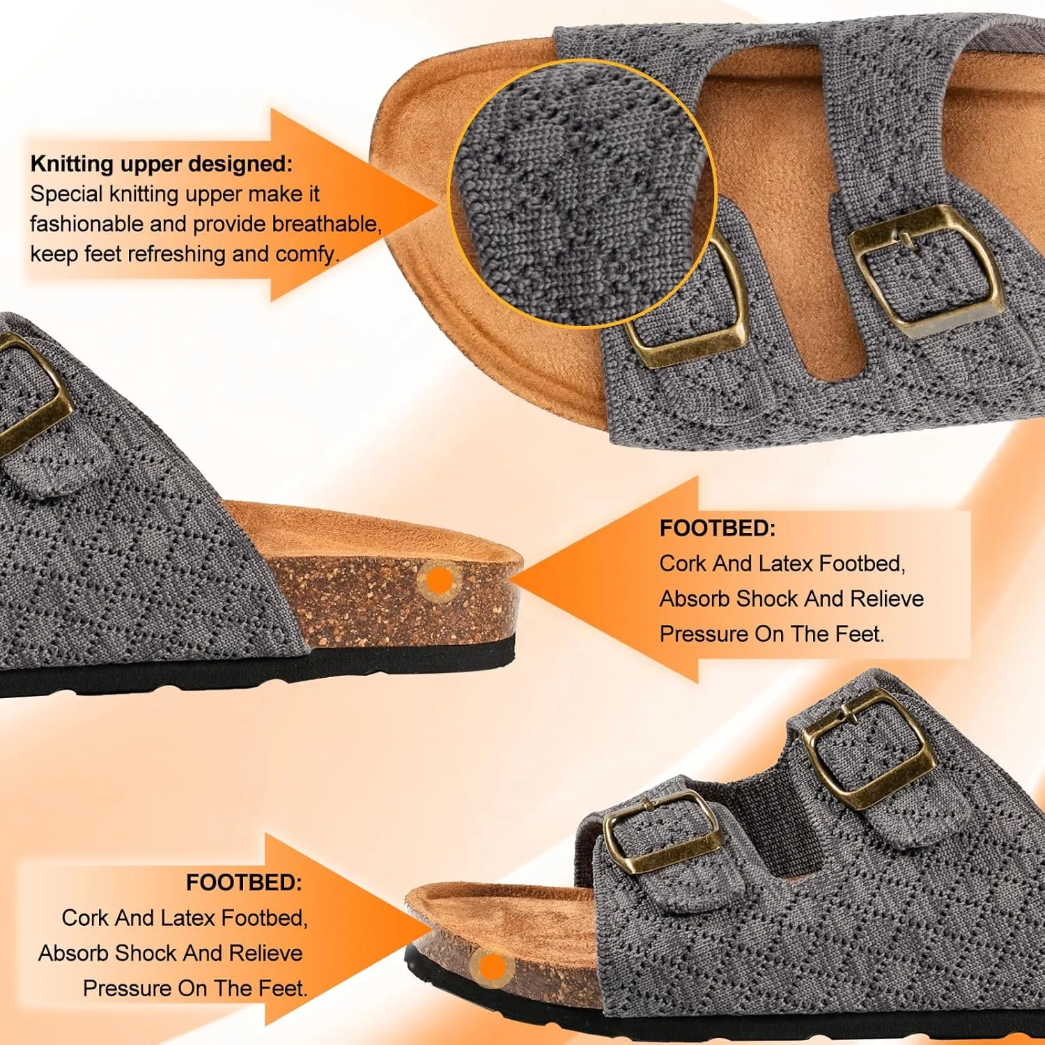 Women's Comfy Arch Support Cork Footbed Adjustable Knitting Straps Indoor and Outdoor Slides Sandals