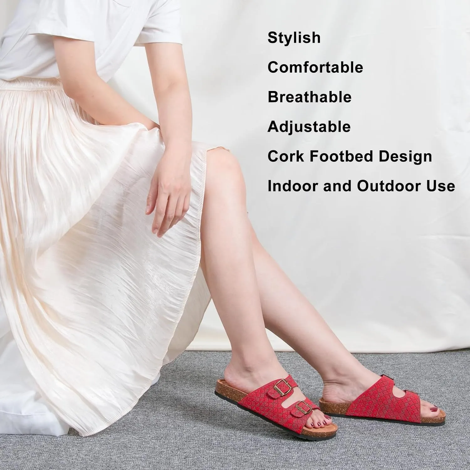 Women's Comfy Arch Support Cork Footbed Adjustable Knitting Straps Indoor and Outdoor Slides Sandals
