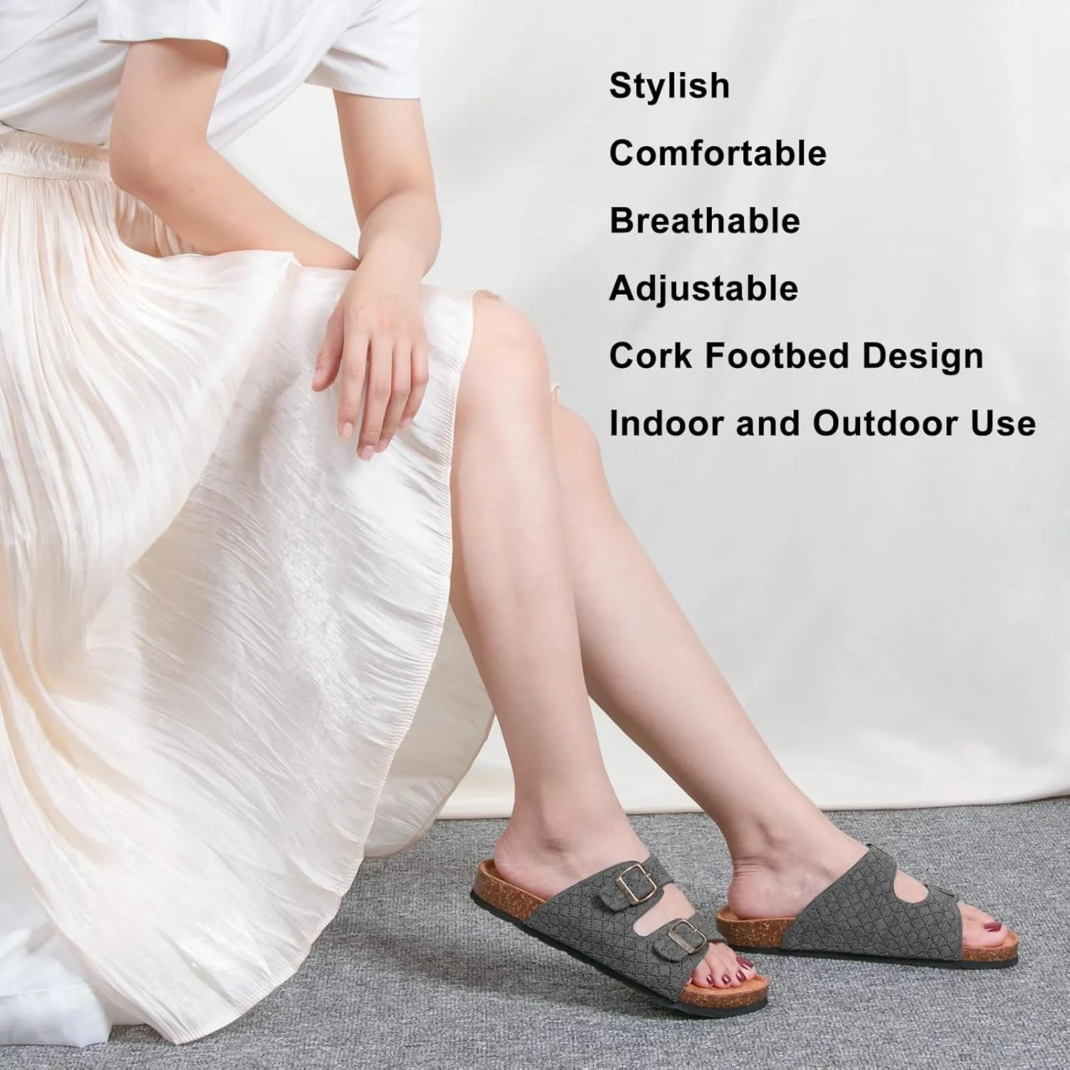 Women's Comfy Arch Support Cork Footbed Adjustable Knitting Straps Indoor and Outdoor Slides Sandals