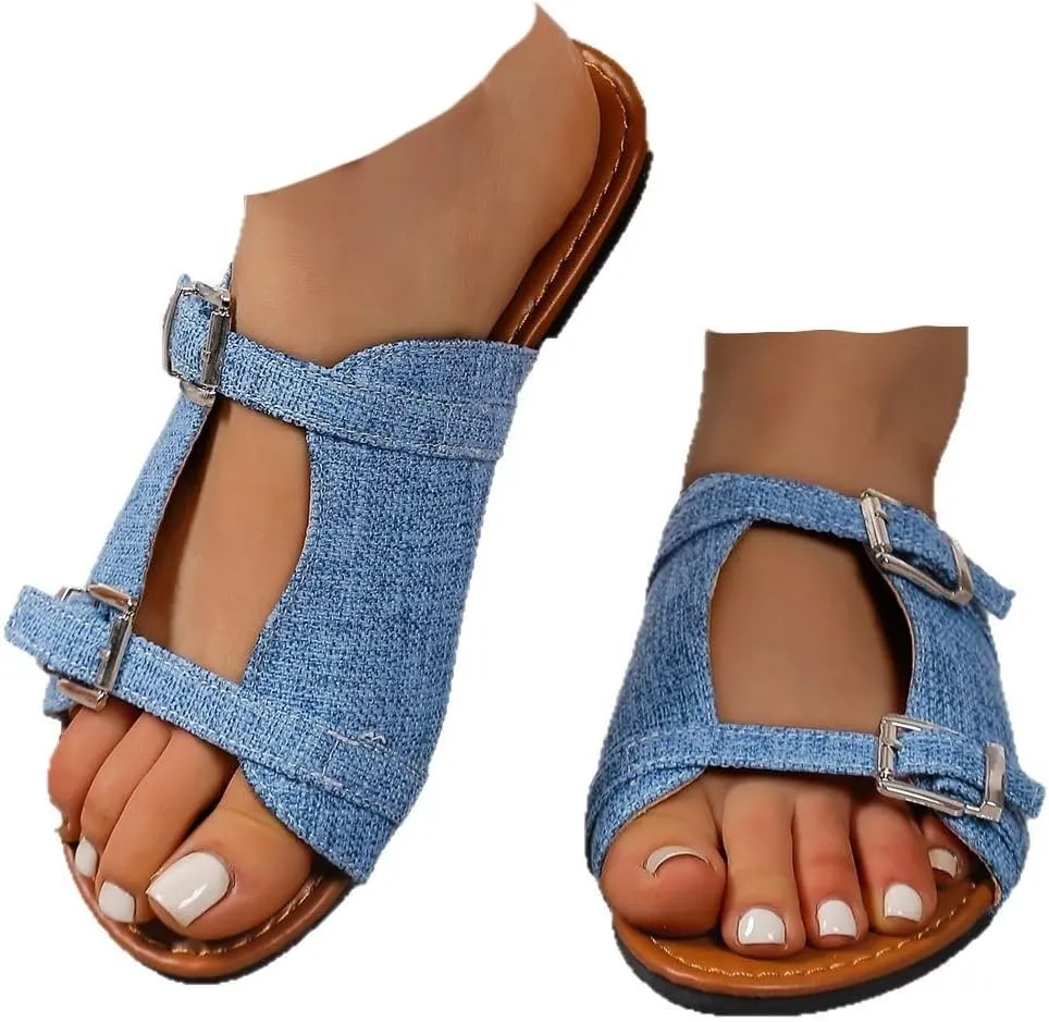 Women's Denim Flat Sandals Boho Style Double Buckle Slide Cork Footbed Summer Casual Comfy Shoes