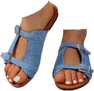 Women's Denim Flat Sandals Boho Style Double Buckle Slide Cork Footbed Summer Casual Comfy Shoes