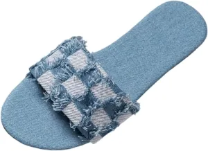 Women's Denim Plaid Square Open Toe Flat Slide Sandals Vintage Fashion Slip On Backless Low-Heels Sandals Soft Non-Slip Dressy Slippers for Indoor Outdoor Daily Wear