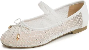 Women's Fashion Mesh Soft Mary Jane Round Toe Sparkle Flats