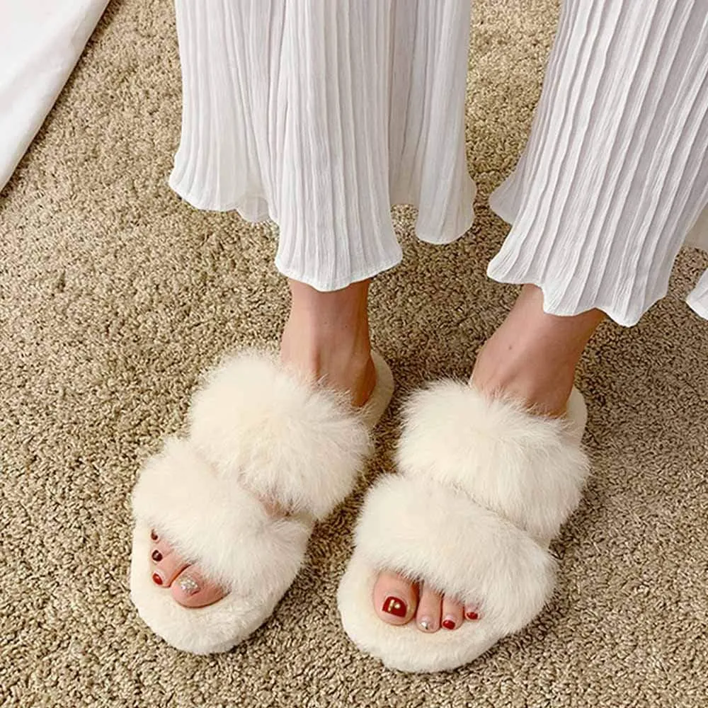 Womens Fluffy Sliders, Women Slippers Comfortable Soft Open Toe Flat Fashion Sandals Female Indoor Flip Flops Fluffy Shoes Autumn and Winter Season for Indoor Outdoor