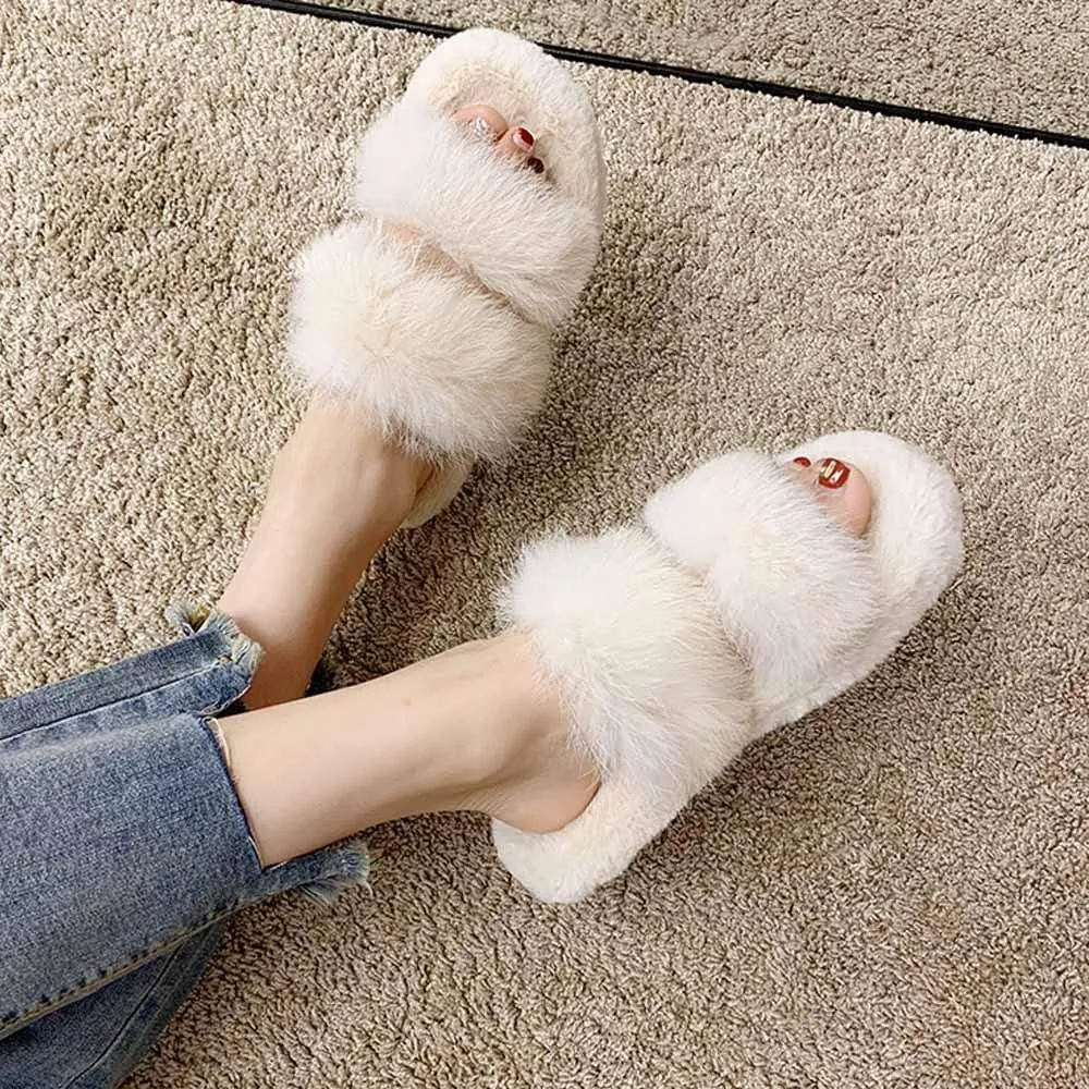 Womens Fluffy Sliders, Women Slippers Comfortable Soft Open Toe Flat Fashion Sandals Female Indoor Flip Flops Fluffy Shoes Autumn and Winter Season for Indoor Outdoor