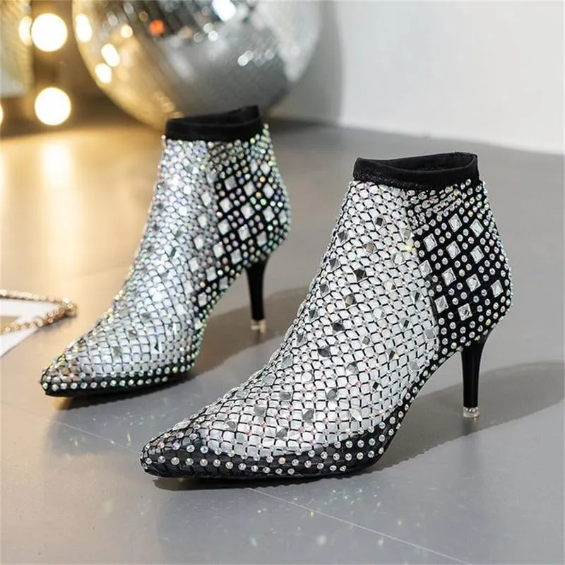 Women's Gem Mesh Rhinestone Sandal Hollow Out Closed Toe Shiny Sparkle Fishnet Slip On Crystal Kitten Stiletto Heels