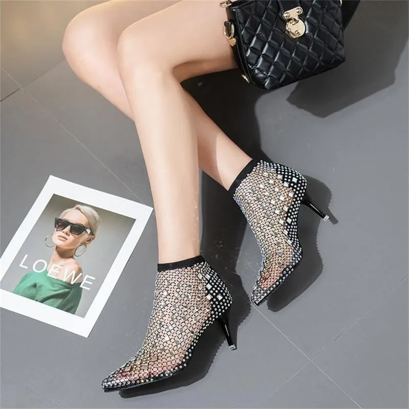 Women's Gem Mesh Rhinestone Sandal Hollow Out Closed Toe Shiny Sparkle Fishnet Slip On Crystal Kitten Stiletto Heels