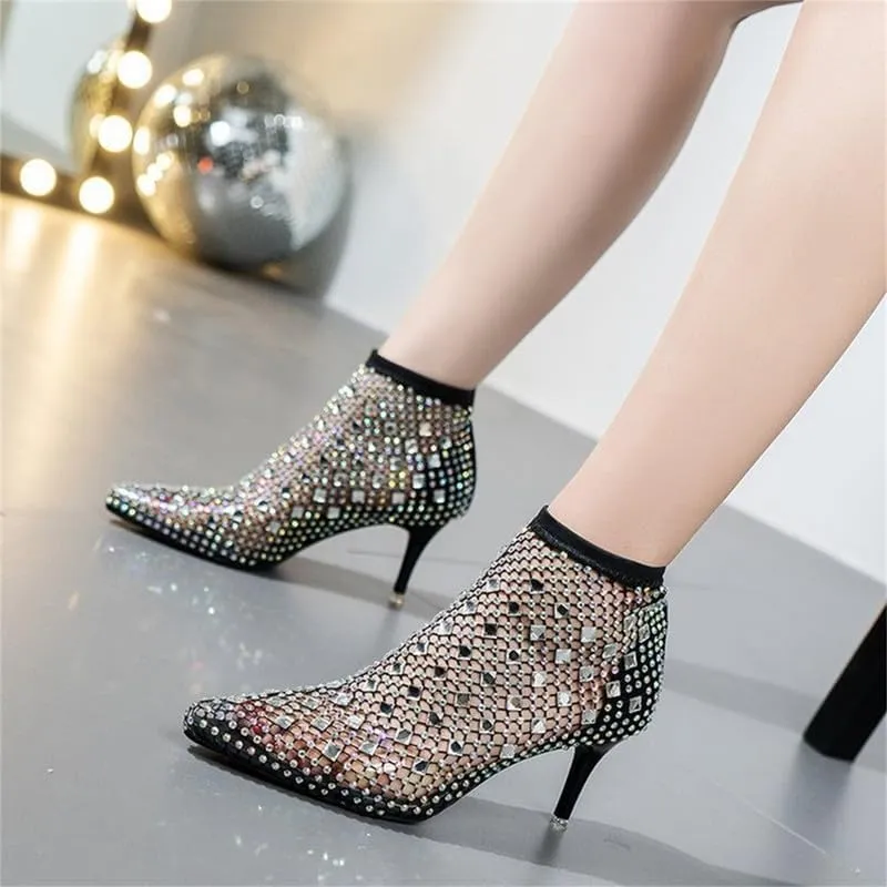 Women's Gem Mesh Rhinestone Sandal Hollow Out Closed Toe Shiny Sparkle Fishnet Slip On Crystal Kitten Stiletto Heels