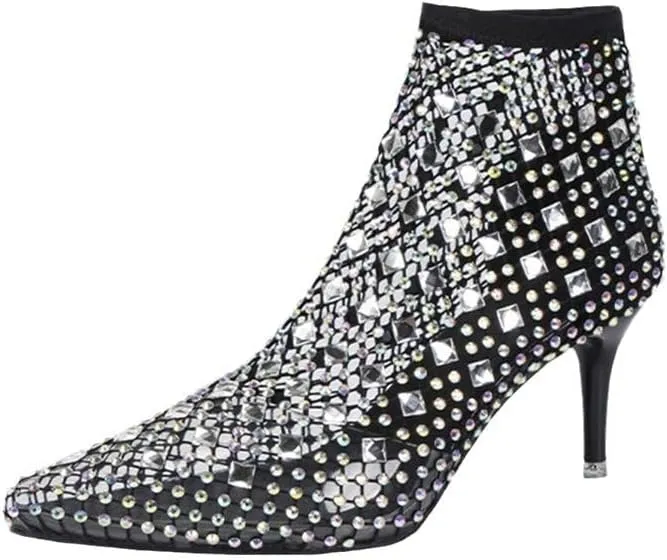 Women's Gem Mesh Rhinestone Sandal Hollow Out Closed Toe Shiny Sparkle Fishnet Slip On Crystal Kitten Stiletto Heels