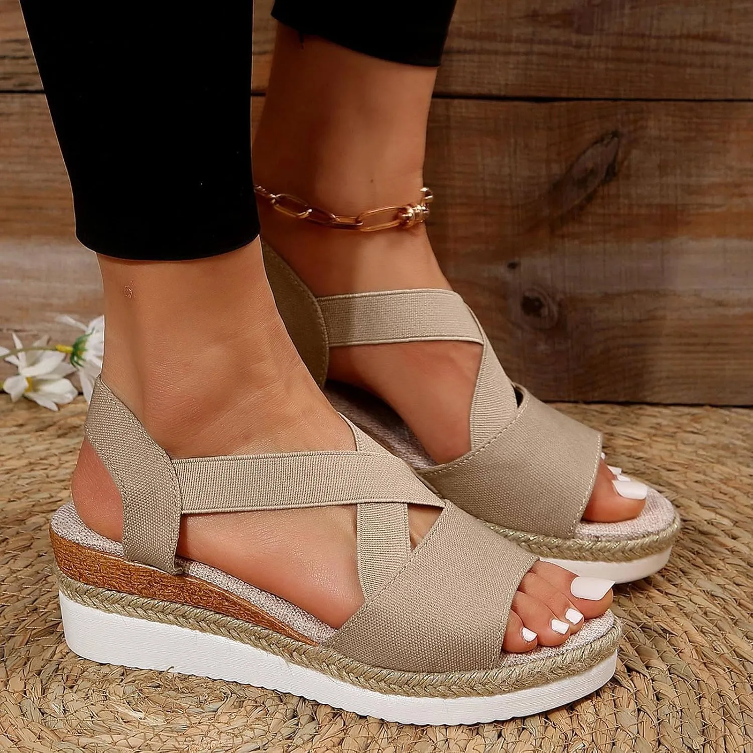 Women's High Elastic Cross Sandal Thick Strappy Open Toe Shoe Stretch Platform Flat Solid Braided Flats