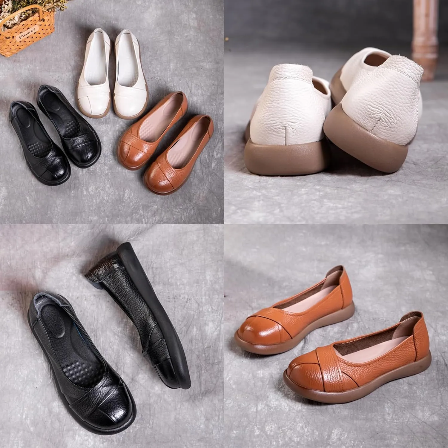 Women's Leather Slip-On Dress Flat Shoes,Comfort Closed Round Toe Non-Slip Soft Sole Oxford Casual Walking Pumps