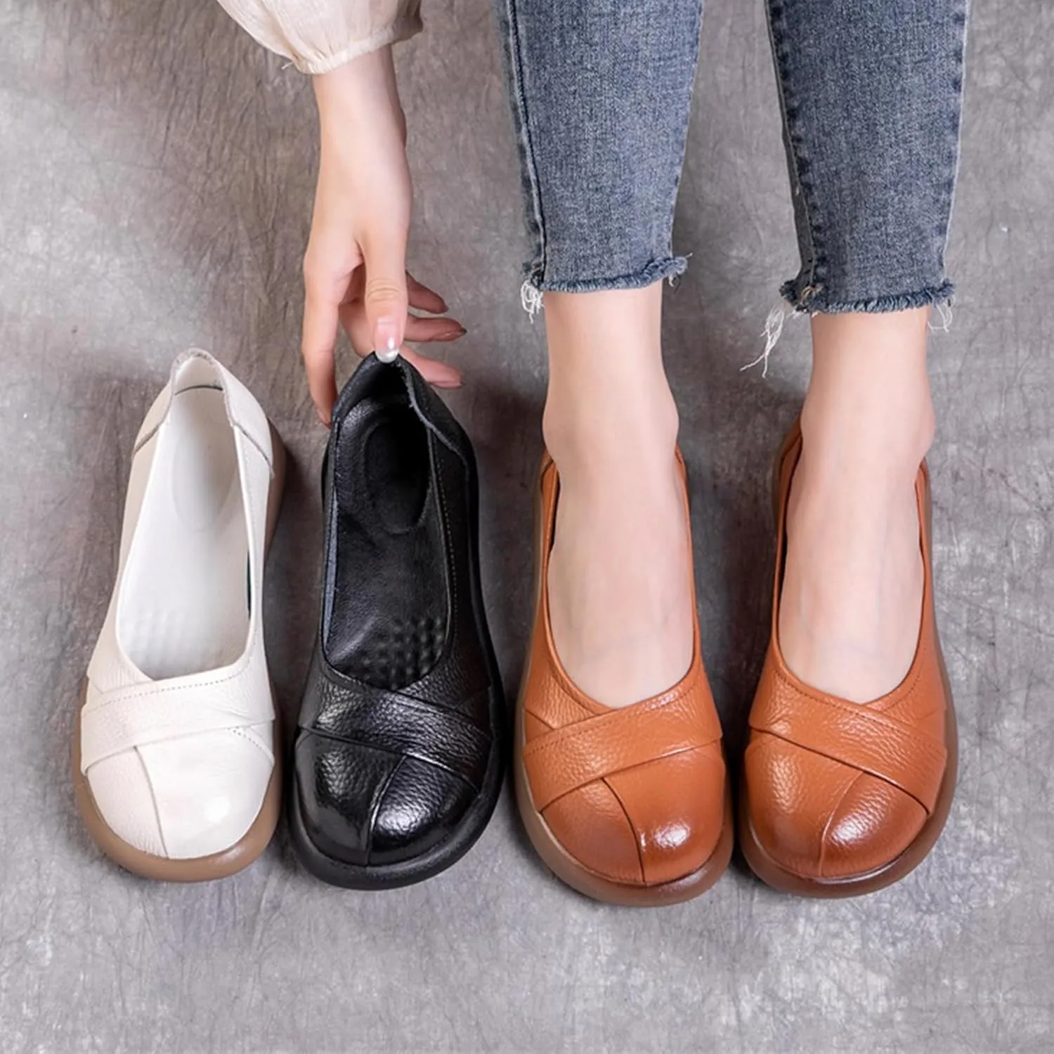 Women's Leather Slip-On Dress Flat Shoes,Comfort Closed Round Toe Non-Slip Soft Sole Oxford Casual Walking Pumps