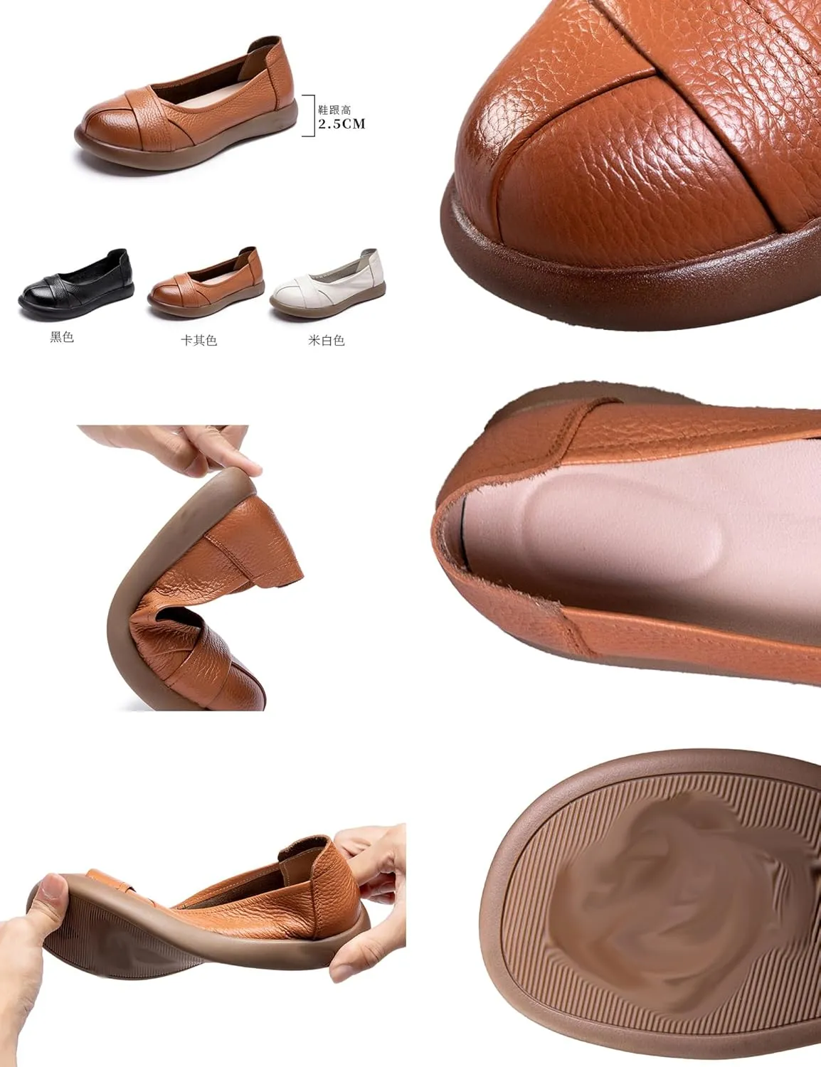 Women's Leather Slip-On Dress Flat Shoes,Comfort Closed Round Toe Non-Slip Soft Sole Oxford Casual Walking Pumps